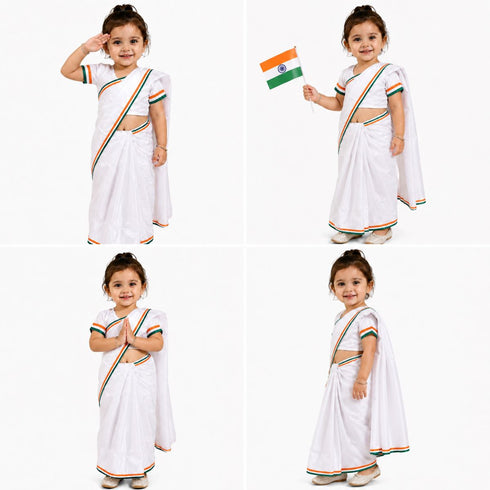 Tri Colored Tricolor Tiranga Border Saree Independence Day Patriotic for Girls Kids & Adult Girls Fancy Dress Costume