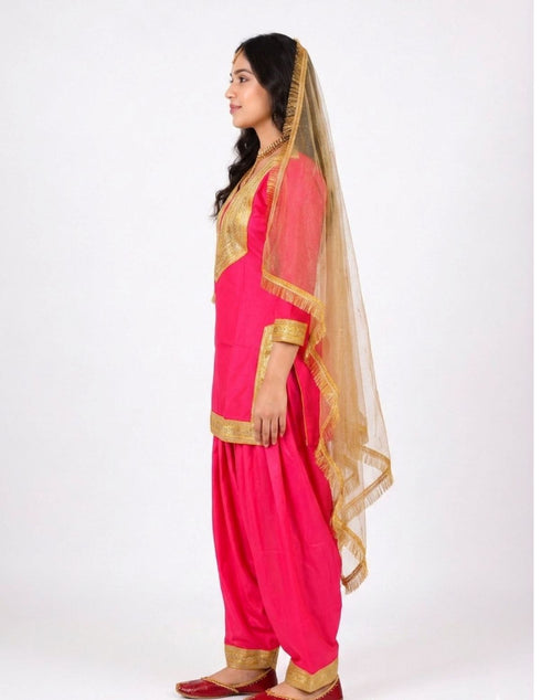 Punjabi Folk Dance Costume Giddha for Girls and Females | Pink & Golden | With Jewellery