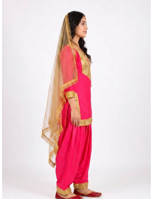 Punjabi Folk Dance Costume Giddha for Girls and Females | Pink & Golden | With Jewellery