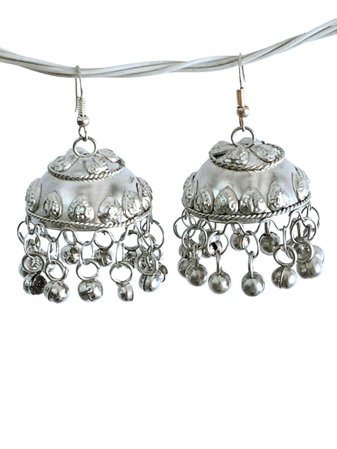 Big Silver Jhumka Earrings Jewellery - Traditional Fancy Dress Costume Accessory for Girls