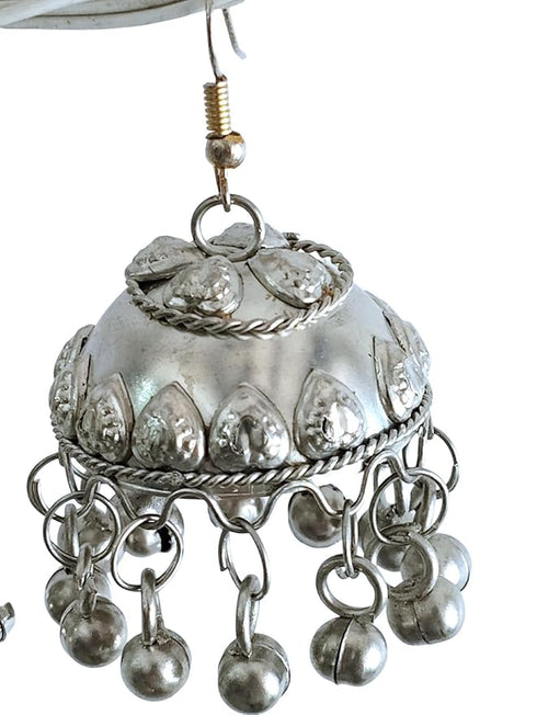Big Silver Jhumka Earrings Jewellery - Traditional Fancy Dress Costume Accessory for Girls