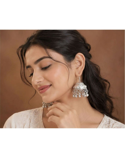Big Silver Jhumka Earrings Jewellery - Traditional Fancy Dress Costume Accessory for Girls