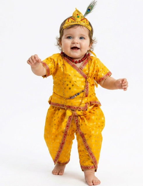 Shri Krishna Kanha Kanhaiya Polka Dots Kids & Adult Fancy Dress Costume 10 Pcs Set with Accessories
