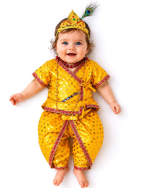 Shri Krishna Kanha Kanhaiya Polka Dots Kids & Adult Fancy Dress Costume 10 Pcs Set with Accessories