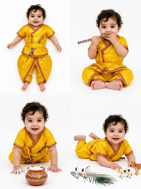 Baby Krishna Kanha Kanhaiya Dhoti Kurta Polka Dots with Flute for Boys Kids & Adult Fancy Dress Costume