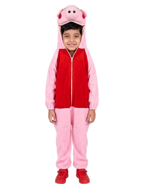 Cute Pink Pig Cartoon Character Kids Fancy Dress Costume with Hooded Face Mask, Ears & Full Body Jumpsuit | Cartoon Costume for Kids
