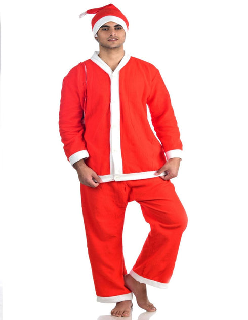 BookMyCostume Santa Boy Costume Set of 4 (Jacket, Bottom, Bag, & Cap) Kids & Adults Christmas Costume