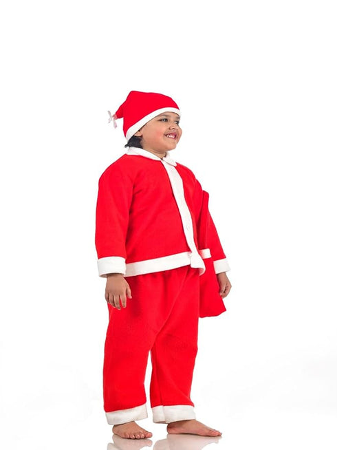 BookMyCostume Santa Boy Costume Set of 4 (Jacket, Bottom, Bag, & Cap) Kids & Adults Christmas Costume