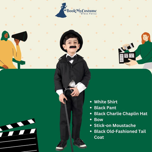 BookMyCostume Charlie Chaplin Dress for Boys | Comic Character Fancy Dress Costume | Charlie Chaplin Costume for Kids | With Stick