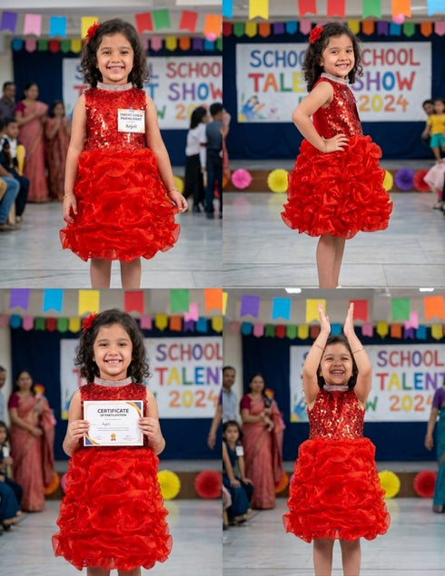Red Balloon Frock Western Dance Costume Dress for Girls Kids - Premium