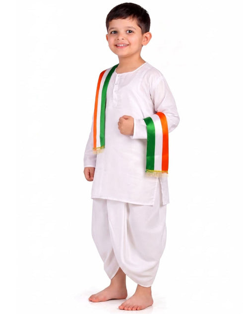 White Dhoti Kurta with Tricolour Stole Indian Patriotic Independence Day Kids Fancy Dress Costume