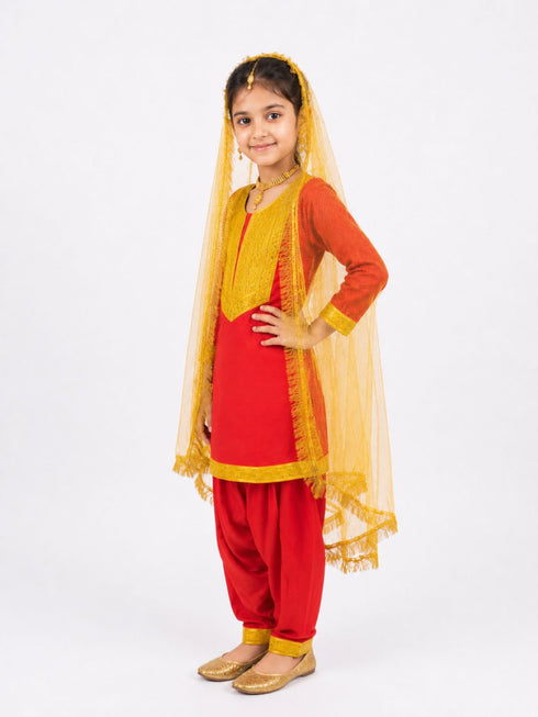 Punjabi Giddha Baisakhi Folk Dance Costume for Girls and Females | Golden & Red | with Jewellery
