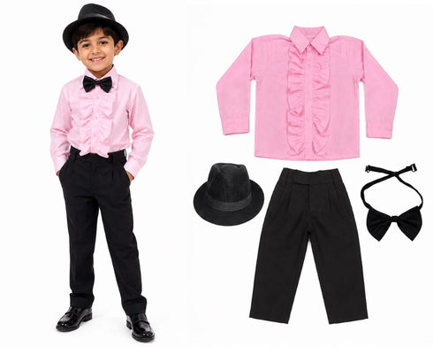 Ballroom Western Dance Pink Frill Shirt Black Pant Hat & Bow Set Kids and Adult Fancy Dress Costume