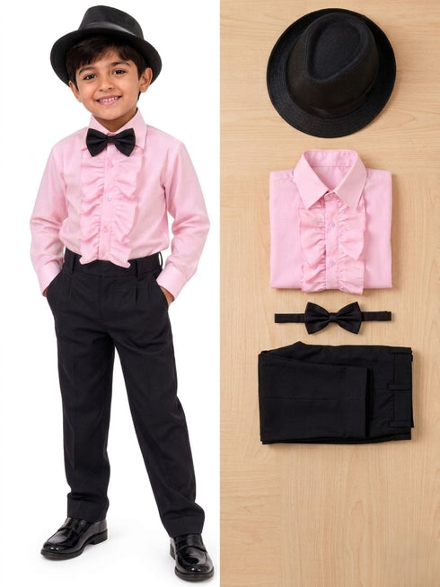 Ballroom Western Dance Pink Frill Shirt Black Pant Hat & Bow Set Kids and Adult Fancy Dress Costume