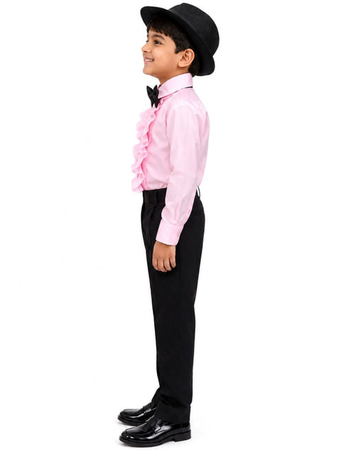 Ballroom Western Dance Pink Frill Shirt Black Pant Hat & Bow Set Kids and Adult Fancy Dress Costume