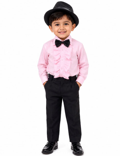 Ballroom Western Dance Pink Frill Shirt Black Pant Hat & Bow Set Kids and Adult Fancy Dress Costume