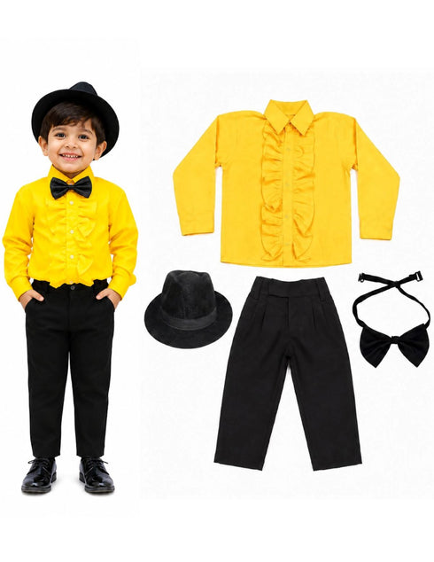 Ballroom Western Dance Yellow Frill Shirt Black Pant Hat & Bow Set Kids Fancy Dress Costume