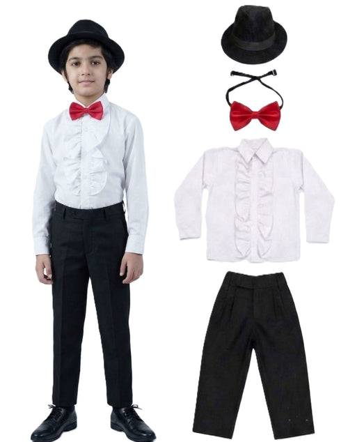 Ballroom Western Dance White Frill Shirt Black Pant Hat & Bow Set Kids Fancy Dress Costume