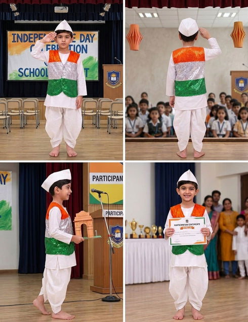 Patriotic Dhoti Kurta Tricolour Jacket Nehru Cap Kids Fancy Dress Costume