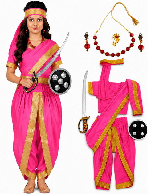 Rani Laxmi Bai Saree with Jewellery Jhansi Ki Rani Freedom Fighter Manikarnika for Girl Kids and Adult Fancy Dress Costume