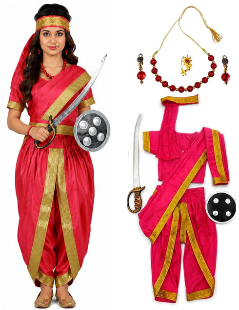 Rani Laxmi Bai Saree with Jewellery Jhansi Ki Rani Freedom Fighter Manikarnika for Girl Kids and Adult Fancy Dress Costume