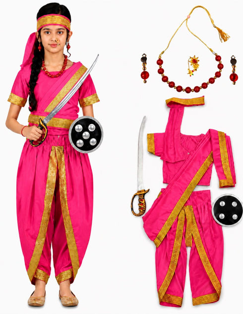 Rani Laxmi Bai Saree with Jewellery Jhansi Ki Rani Freedom Fighter Manikarnika for Girl Kids and Adult Fancy Dress Costume