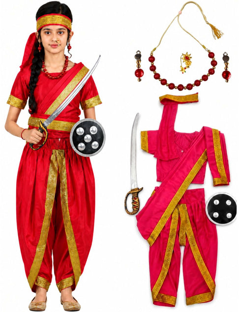Rani Laxmi Bai Saree with Jewellery Jhansi Ki Rani Freedom Fighter Manikarnika for Girl Kids and Adult Fancy Dress Costume