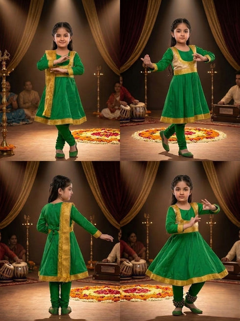 Kathak Indian Classical Dance Costume for Girl's and Women-Green | Without Jewellery