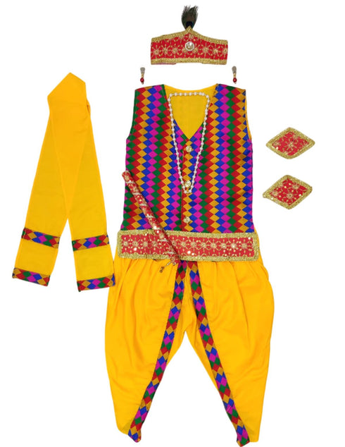 BookMyCostume Shri Krishna Multicolor Kids Fancy Dress Costume 8 Pcs Set with Red Accessories - Premium