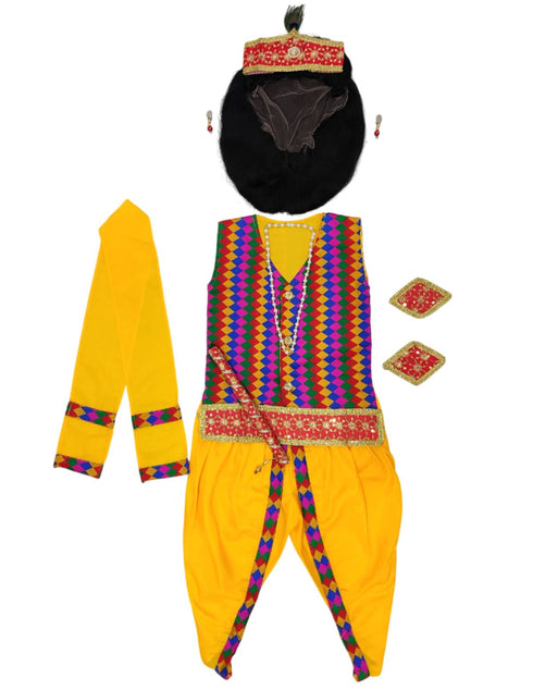 BookMyostume Shri Krishna Multicolor Kids Fancy Dress Costume 9 Pcs Set with Red Accessories & Wig - Premium