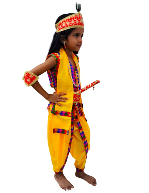 BookMyostume Shri Krishna Multicolor Kids Fancy Dress Costume 9 Pcs Set with Red Accessories & Wig - Premium