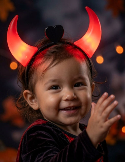 Dracula Vampire Devil LED Horns Headband for Kids – Light-Up Halloween Accessory with On/Off Button (Black/Red)