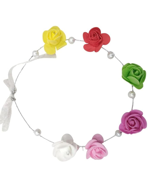 BookMyCostume Floral Hair Band with Pearls & Ribbon for Girls & Women – Multicolor Artificial Rose Flower Tiara | Hair Accessory for Haldi, Mehndi, Baby Shower, Bridal & Photoshoot