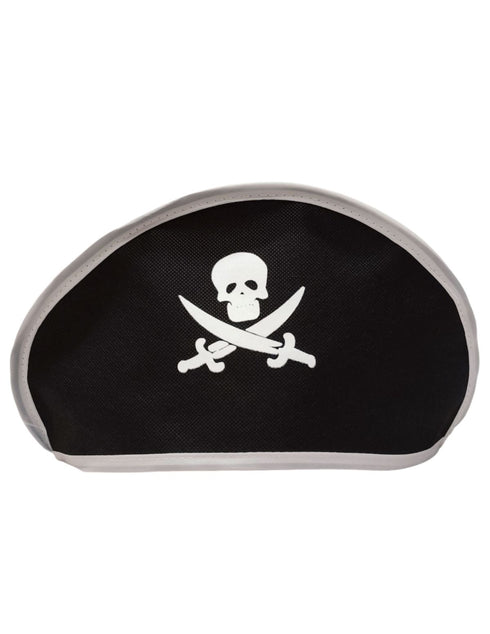 Black Pirate Captain 5 Pcs Kids Costume Set (8-12 Years) - Synthetic Jacket, Plastic Pirate Hook, Eyepatch, Loot Bag & Bandana Cap