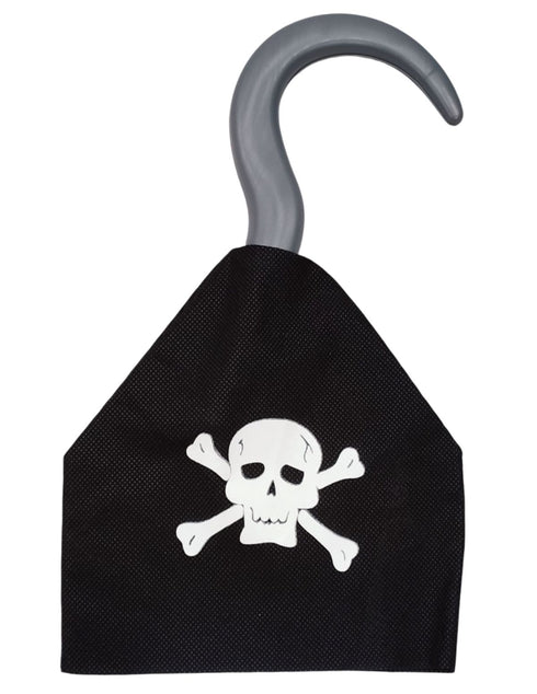 Black Pirate Captain 5 Pcs Kids Costume Set (8-12 Years) - Synthetic Jacket, Plastic Pirate Hook, Eyepatch, Loot Bag & Bandana Cap