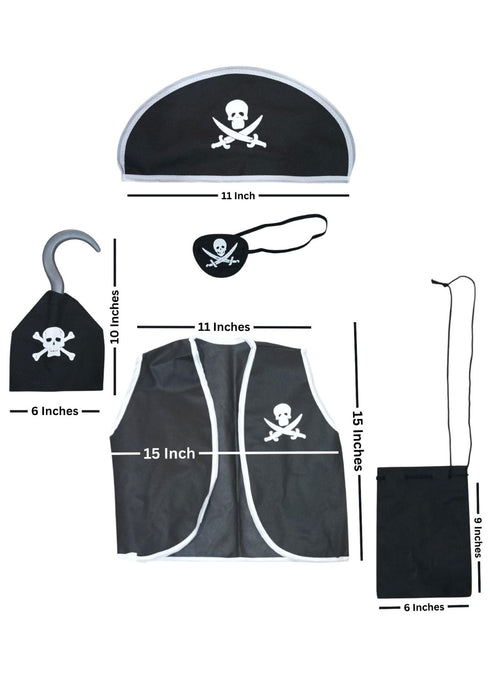BookMyCostume Black Pirate Captain 5 Pcs Kids Costume Set (8-12 Years) - Synthetic Jacket, Plastic Pirate Hook, Eyepatch, Loot Bag & Bandana Cap