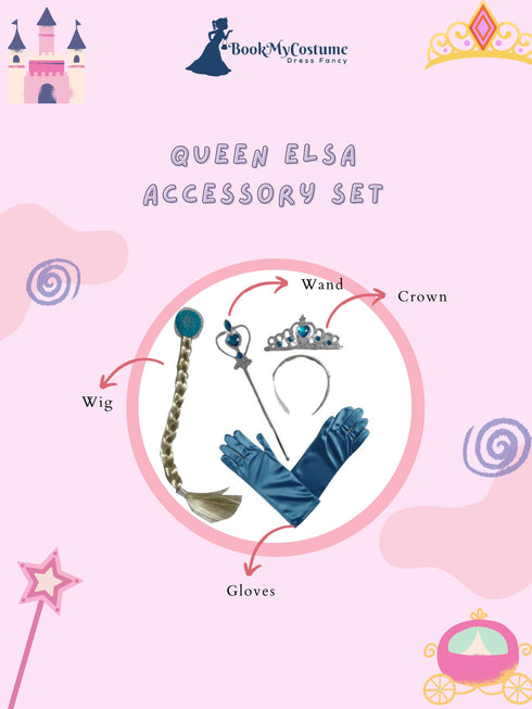 BookMyCostume Complete Queen Accessory Set for Girls – Includes Blue Tiara, Magic Wand, Blonde Braid Hair Clip & Gloves | Fancy Dress, Costume Party, Role Play, Birthday Gift, Fairy Tale Princess Set