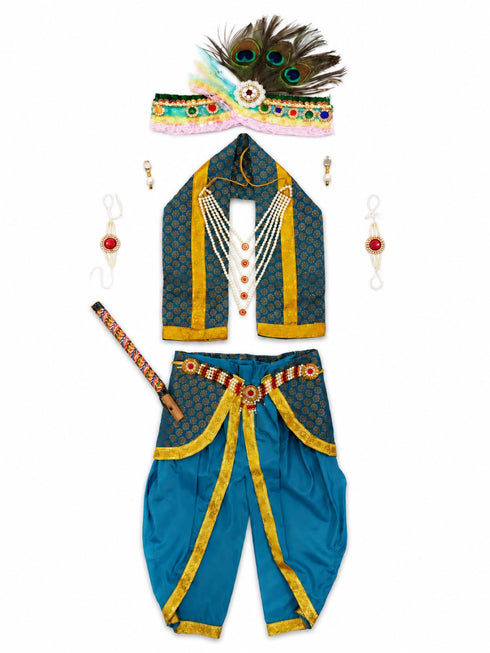 Krishna Costume with Heavy Jewellery and Pagdi and Brocade - Janmashtami Complete Premium Dress for Baby Kanha Boys & Girls - Light Blue