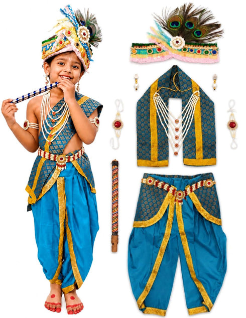 Krishna Costume with Heavy Jewellery and Pagdi and Brocade - Janmashtami Complete Premium Dress for Baby Kanha Boys & Girls - Light Blue