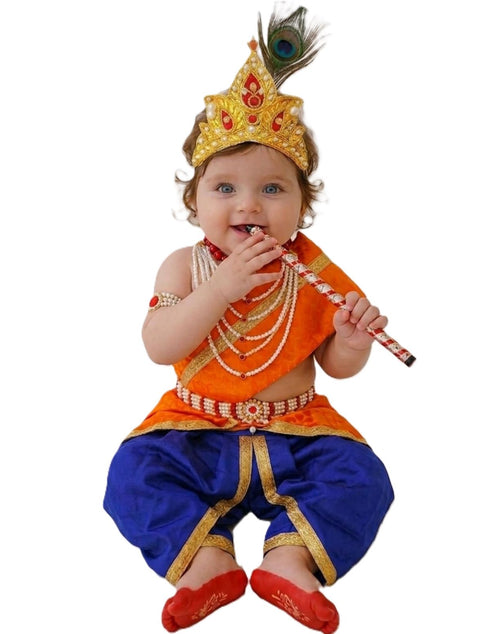 Krishna Costume with Heavy Jewellery and Mukut Set - Janmashtami Premium Dress for Baby Kanha Boys & Girls - Blue & Orange
