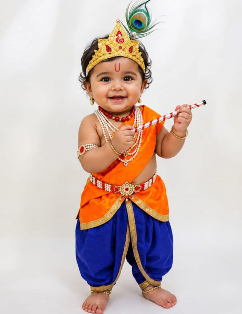 Krishna Costume with Heavy Jewellery and Mukut Set - Janmashtami Premium Dress for Baby Kanha Boys & Girls - Blue & Orange