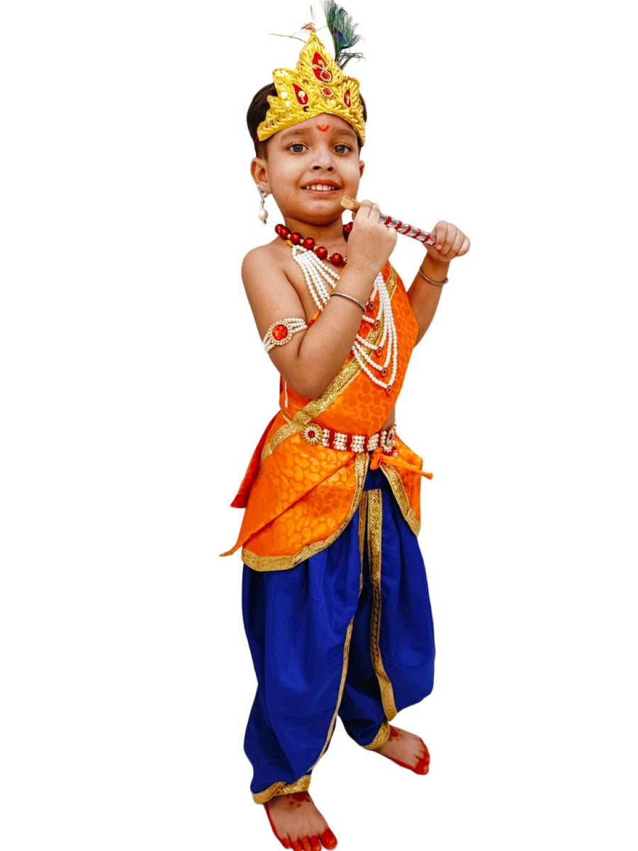 BookMyCostume Krishna Costume with Heavy Jewellery and Mukut Set Janmashtami Premium Dress for Baby Kanha Boys Girls Blue Orange