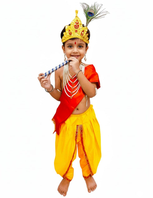 BookMyCostume Krishna Yellow Costume Dhoti & Red Patka with Light Pearl Jewellery and Mukut Set - Janmashtami Dress Costume for Baby Kanha Laddu Gopal - Boys & Girls