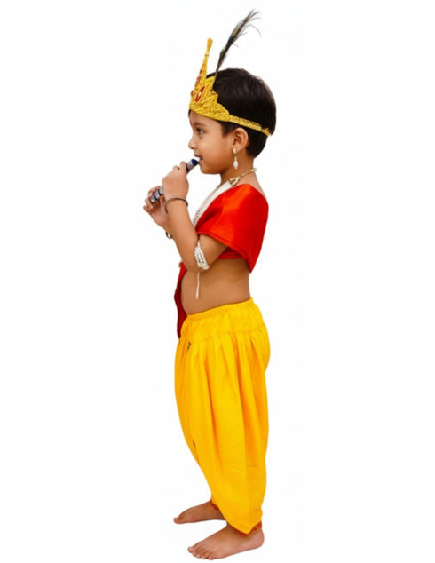 BookMyCostume Krishna Yellow Costume Dhoti & Red Patka with Light Pearl Jewellery and Mukut Set - Janmashtami Dress Costume for Baby Kanha Laddu Gopal - Boys & Girls