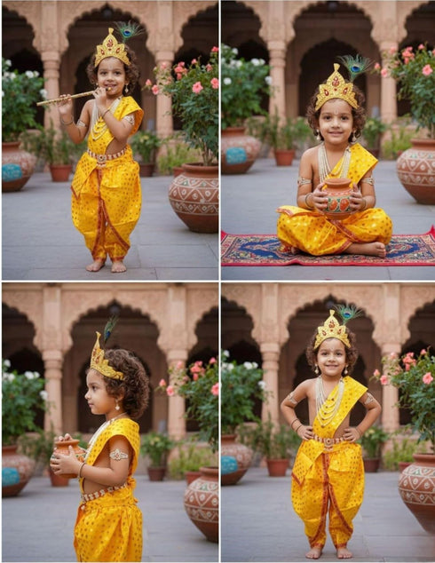 Krishna Yellow Polka Dot Costume Dhoti Patka with Heavy Pearl Jewellery and Mukut Set - Janmashtami Dress Costume for Baby Kanha - Boys & Girls