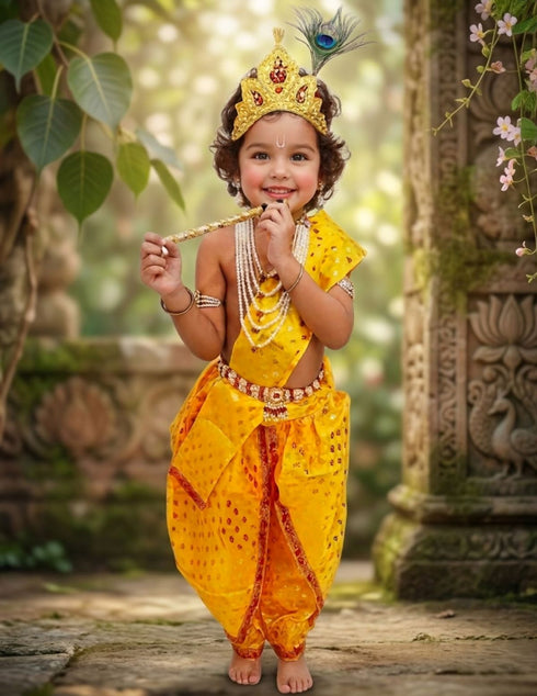 Krishna Yellow Polka Dot Costume Dhoti Patka with Heavy Pearl Jewellery and Mukut Set - Janmashtami Dress Costume for Baby Kanha - Boys & Girls