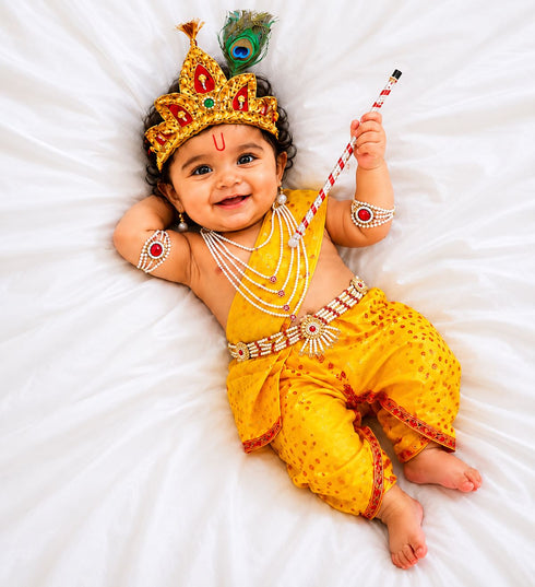 Krishna Yellow Polka Dot Costume Dhoti Patka with Heavy Pearl Jewellery and Mukut Set - Janmashtami Dress Costume for Baby Kanha - Boys & Girls
