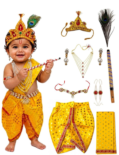Krishna Yellow Polka Dot Costume Dhoti Patka with Heavy Pearl Jewellery and Mukut Set - Janmashtami Dress Costume for Baby Kanha - Boys & Girls