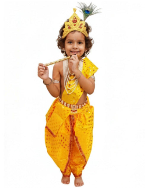 BookMyCostume Krishna Yellow Polka Dot Costume Dhoti Patka with Heavy Pearl Jewellery and Mukut Set - Janmashtami Dress Costume for Baby Kanha - Boys & Girls