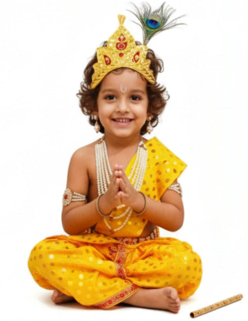 BookMyCostume Krishna Yellow Polka Dot Costume Dhoti Patka with Heavy Pearl Jewellery and Mukut Set - Janmashtami Dress Costume for Baby Kanha - Boys & Girls